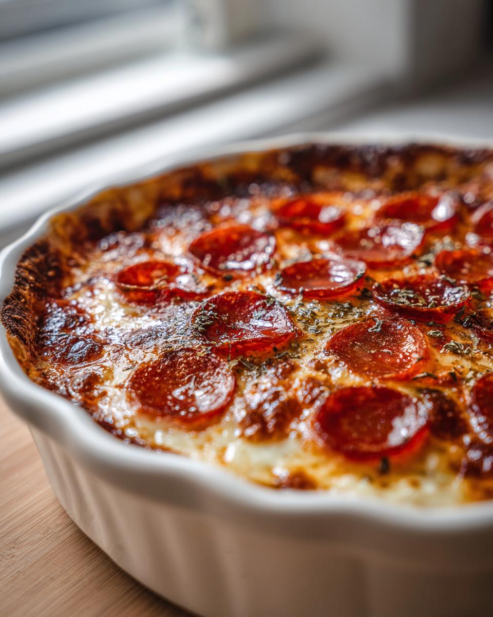 Close-up of a bubbling, baked pepperoni pizza dip topped with melted cheese and herbs in a white dish.