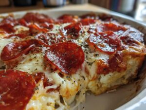 Mouthwatering close-up of a baked pepperoni pizza dip with melted cheese and herbs in a white dish.