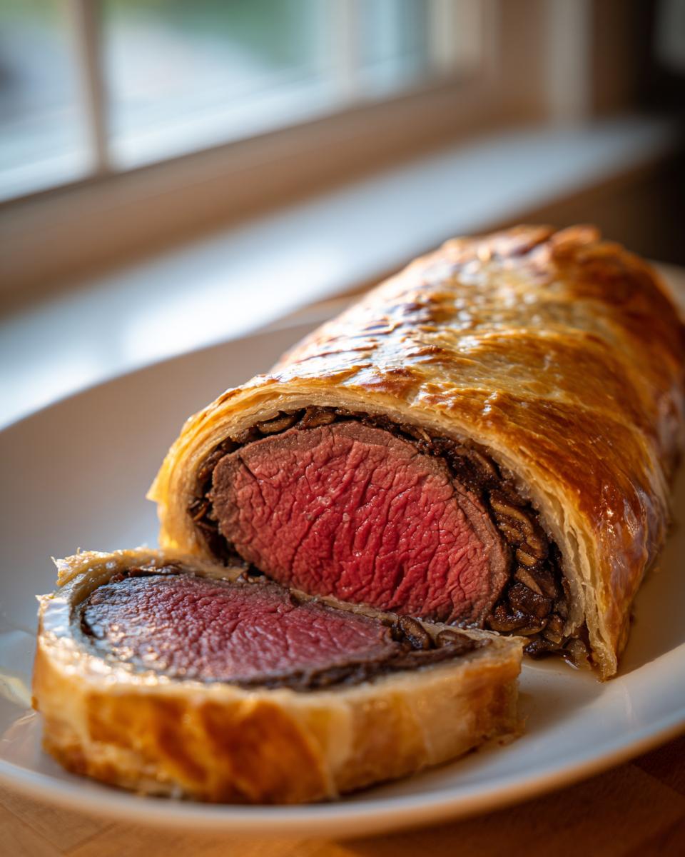 A perfectly cooked beef wellington recipe slice showing medium-rare beef surrounded by duxelles and golden puff pastry.