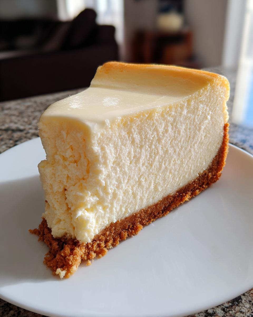 A tall, creamy slice of baked cheesecake recipe on a white plate, showing a thick graham cracker crust.
