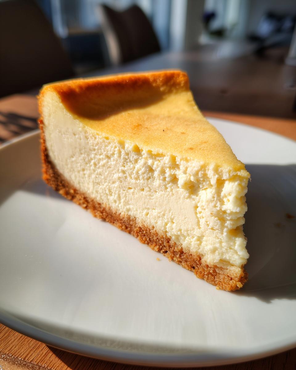 A perfect slice of creamy cheesecake recipe served on a white plate, showing a golden top and thick graham cracker crust.