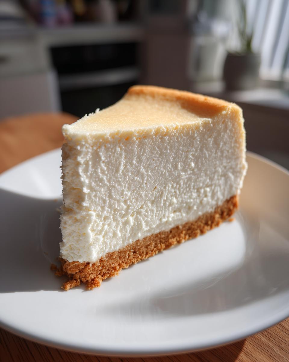 A tall, creamy slice of cheesecake recipe served on a white plate, showing a golden crust.