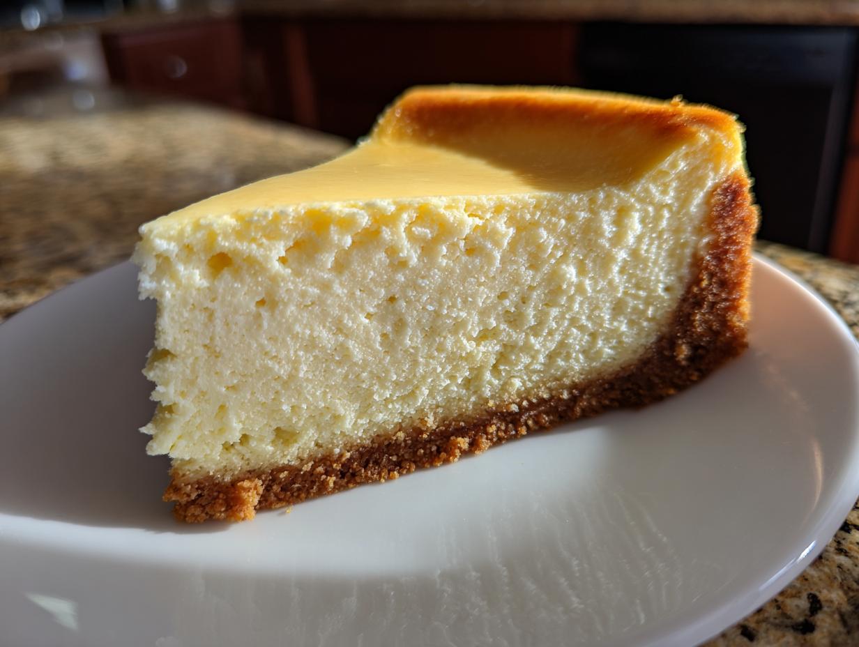 A perfect, smooth slice of cheesecake recipe on a white plate, showing a thick graham cracker crust.