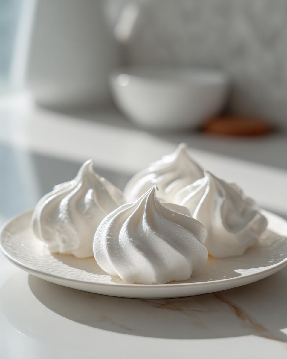 Four perfectly piped, bright white meringue cookies resting on a textured white plate in bright sunlight.