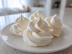 Four perfectly piped, creamy white meringue cookies displayed on a white plate.