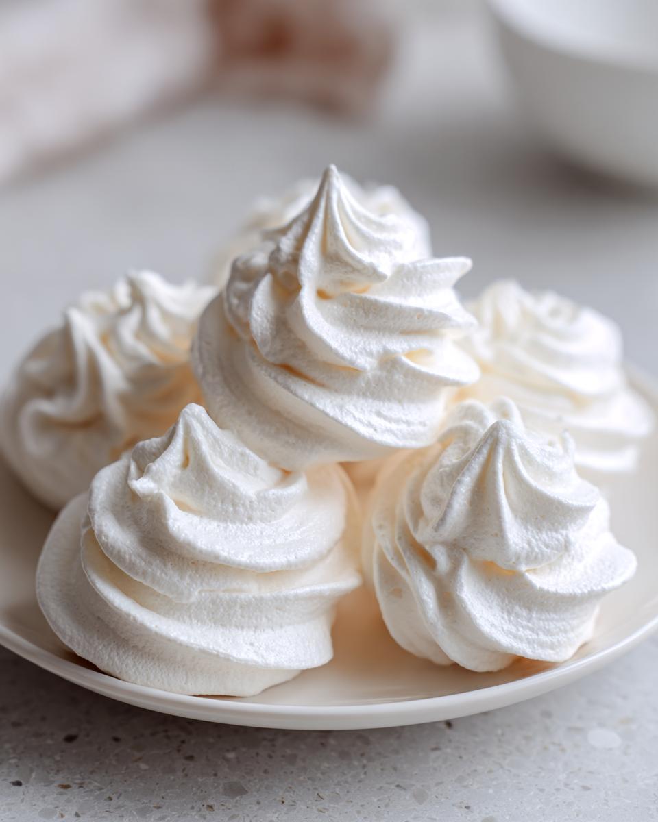 Close-up of several perfectly piped, glossy white meringue cookies stacked on a small white plate.