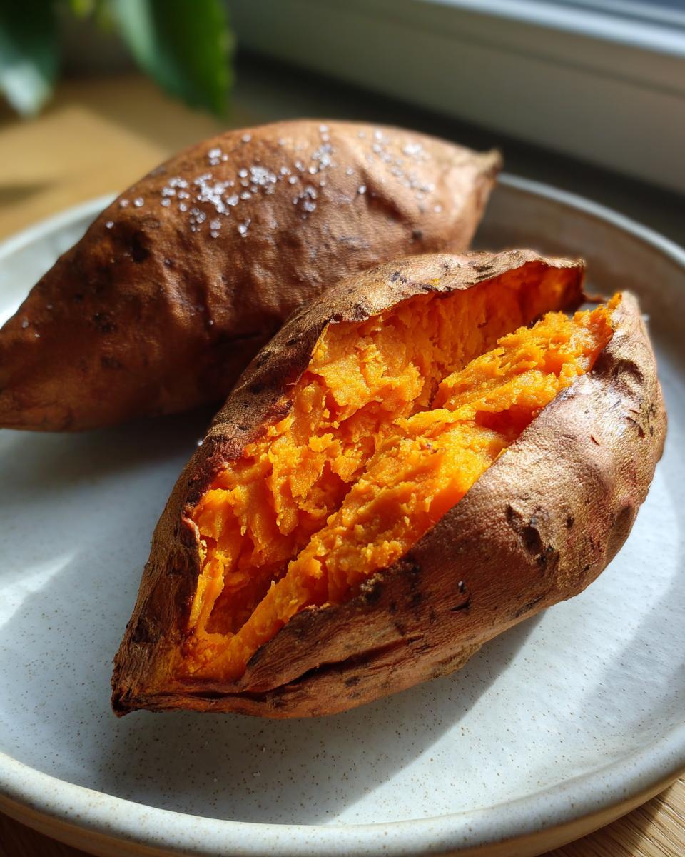 Two perfectly baked sweet potatoes on a plate, one split open revealing fluffy orange flesh and sprinkled with sea salt.