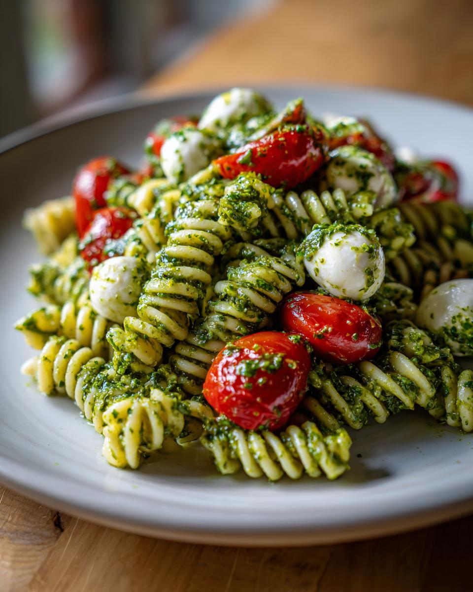A close-up of vibrant pesto pasta salad featuring fusilli pasta, small mozzarella balls, and halved cherry tomatoes.