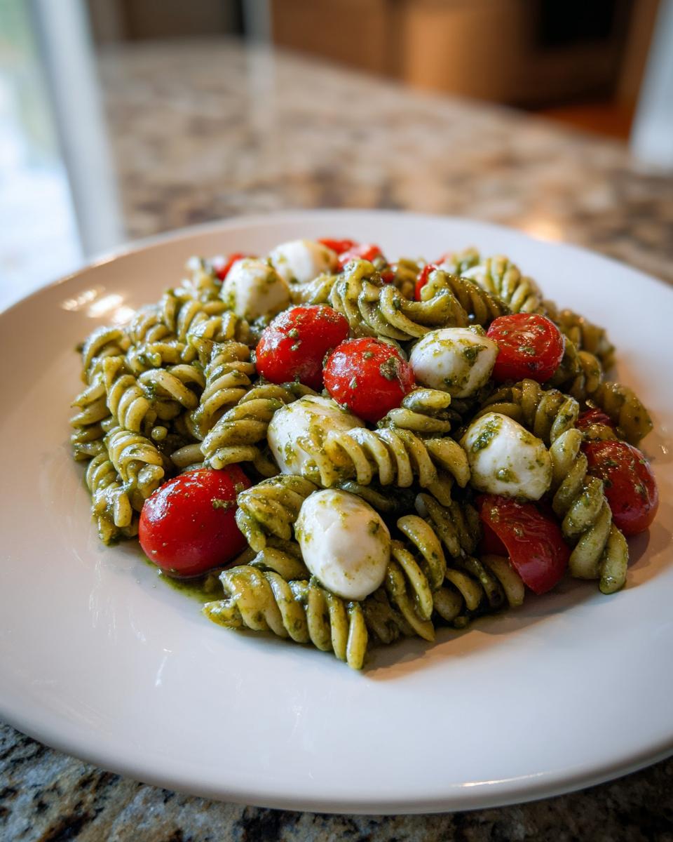Close-up of a serving of pesto pasta salad featuring fusilli pasta, cherry tomatoes, and small mozzarella balls on a white plate.