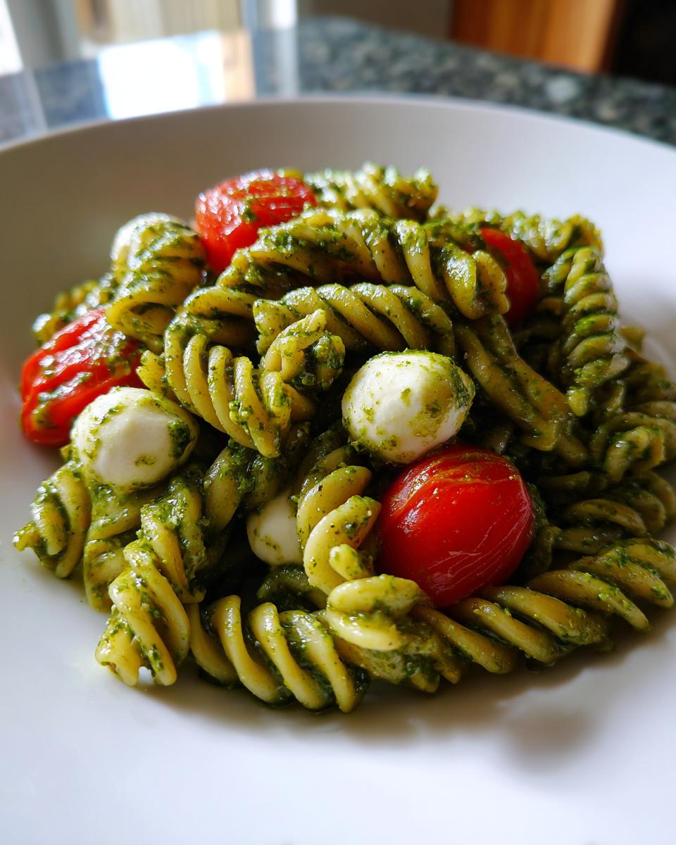 Close-up of a serving of pesto pasta salad featuring rotini pasta coated in green pesto, cherry tomatoes, and small mozzarella balls.