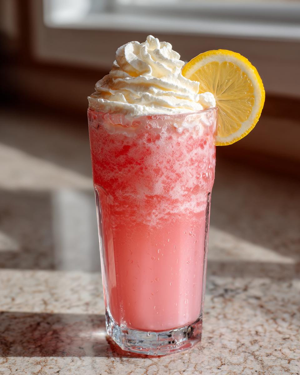 Tall glass of blended pink lemonade topped with whipped cream and a lemon slice.