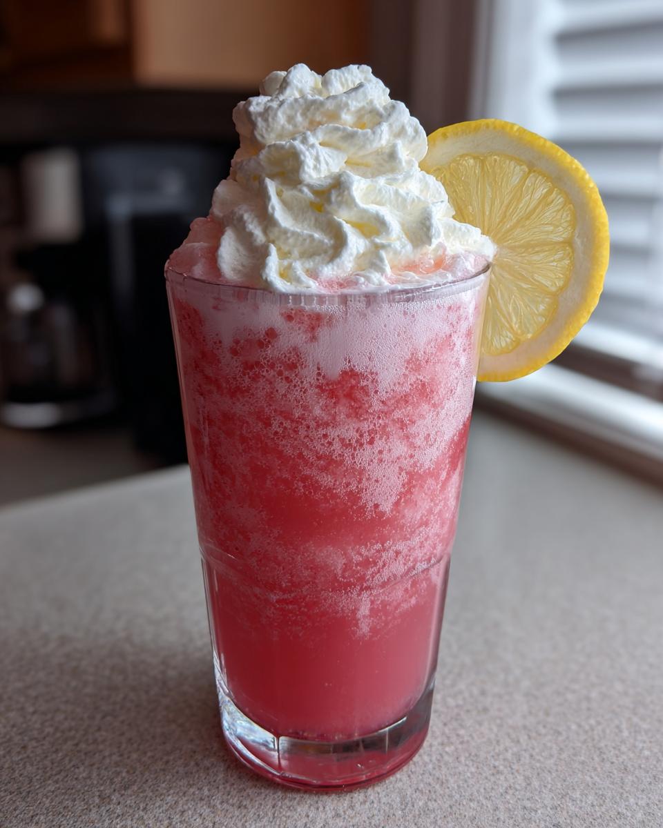 A tall glass of bright pink lemonade, blended with ice, topped with whipped cream and a lemon slice.