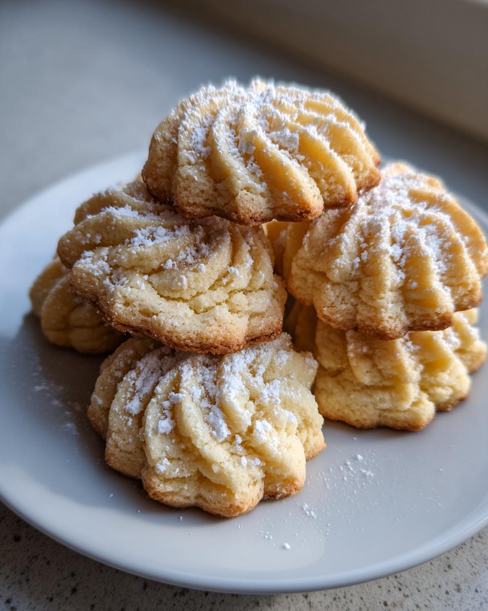 A stack of freshly baked, piped butter cookie treats dusted lightly with powdered sugar on a light gray plate.