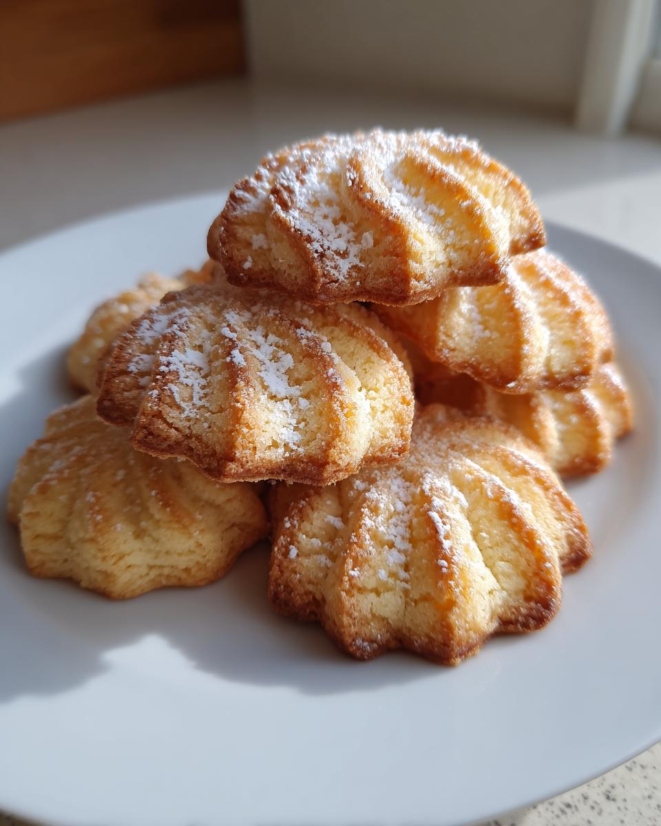 A stack of freshly baked, golden brown butter cookie treats dusted lightly with powdered sugar.