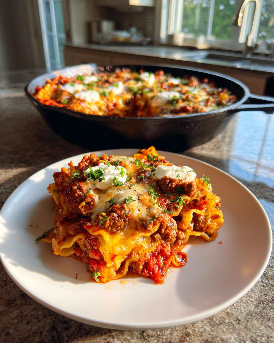 A plated serving of rich skillet lasagna topped with ricotta and parsley, with the main skillet in the background.