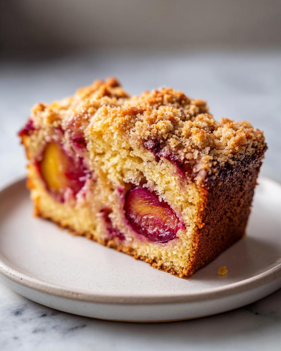 Close-up of a moist slice of plum cake featuring baked plum halves and a golden crumb topping.