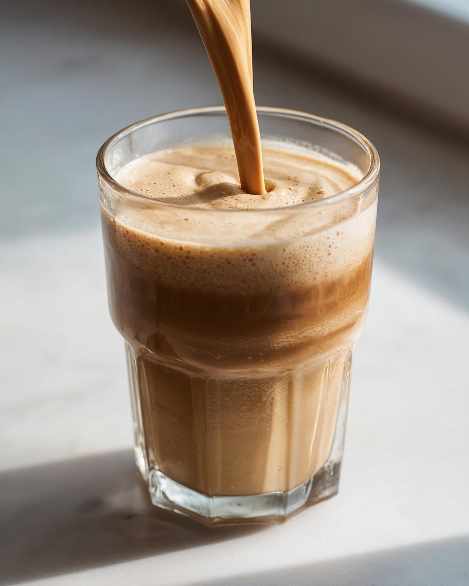 Close-up of a creamy, light brown peanut butter banana smoothie being poured into a clear glass.