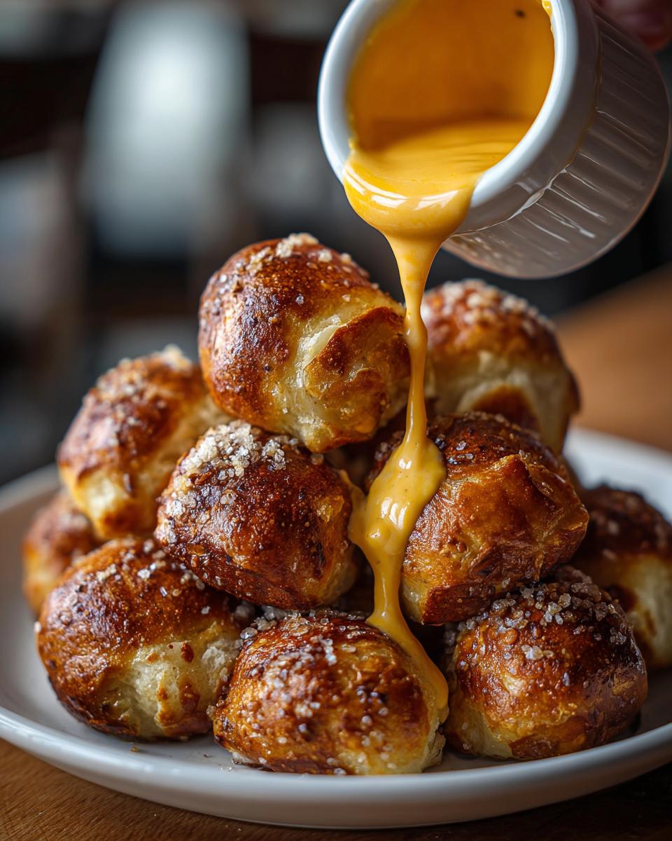 A pile of golden brown pretzel bites topped with coarse salt being drizzled with warm cheese sauce from a white ramekin.