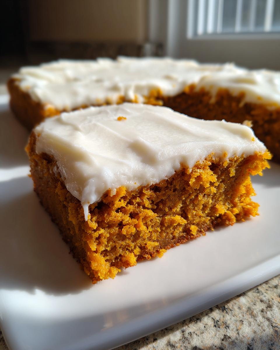 A close-up of a moist slice of pumpkin bars with cream cheese frosting on a white plate.