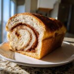 A loaf of pumpkin sourdough bread sliced open revealing a beautiful cinnamon swirl pattern inside.