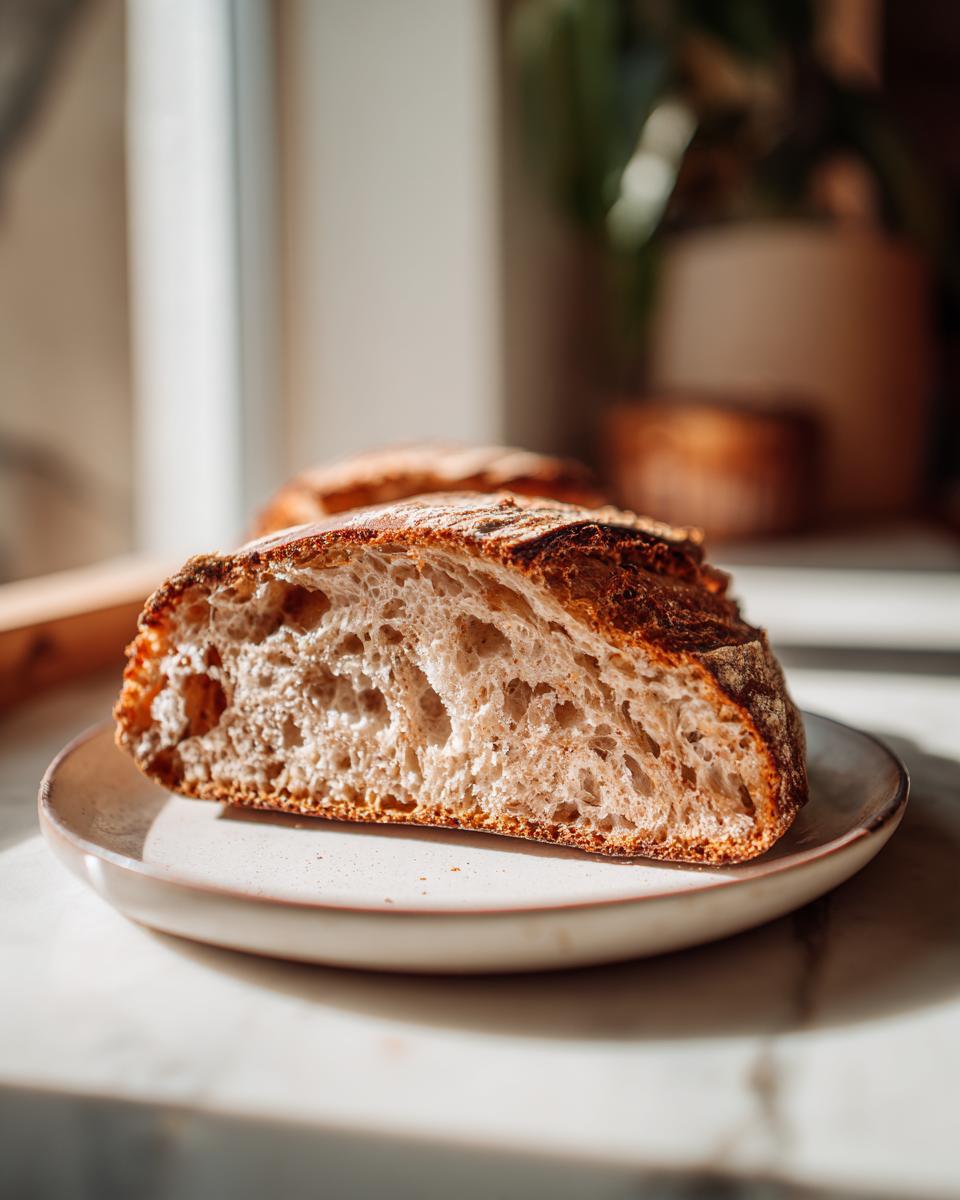 Close-up of a thick slice of pumpkin sourdough bread showing an open, airy crumb structure and dark crust.