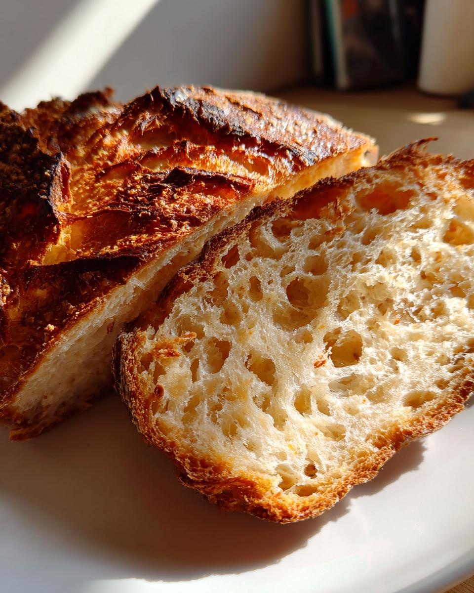 Close-up of sliced pumpkin sourdough bread showing a dark, crisp crust and an open, airy crumb structure.