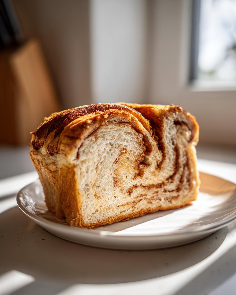A close-up of a thick slice of pumpkin sourdough bread showing beautiful cinnamon swirls inside.