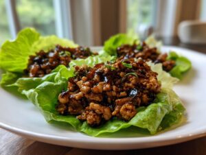 Close-up of three fresh chicken lettuce wraps filled with savory, dark-sauced ground chicken mixture.