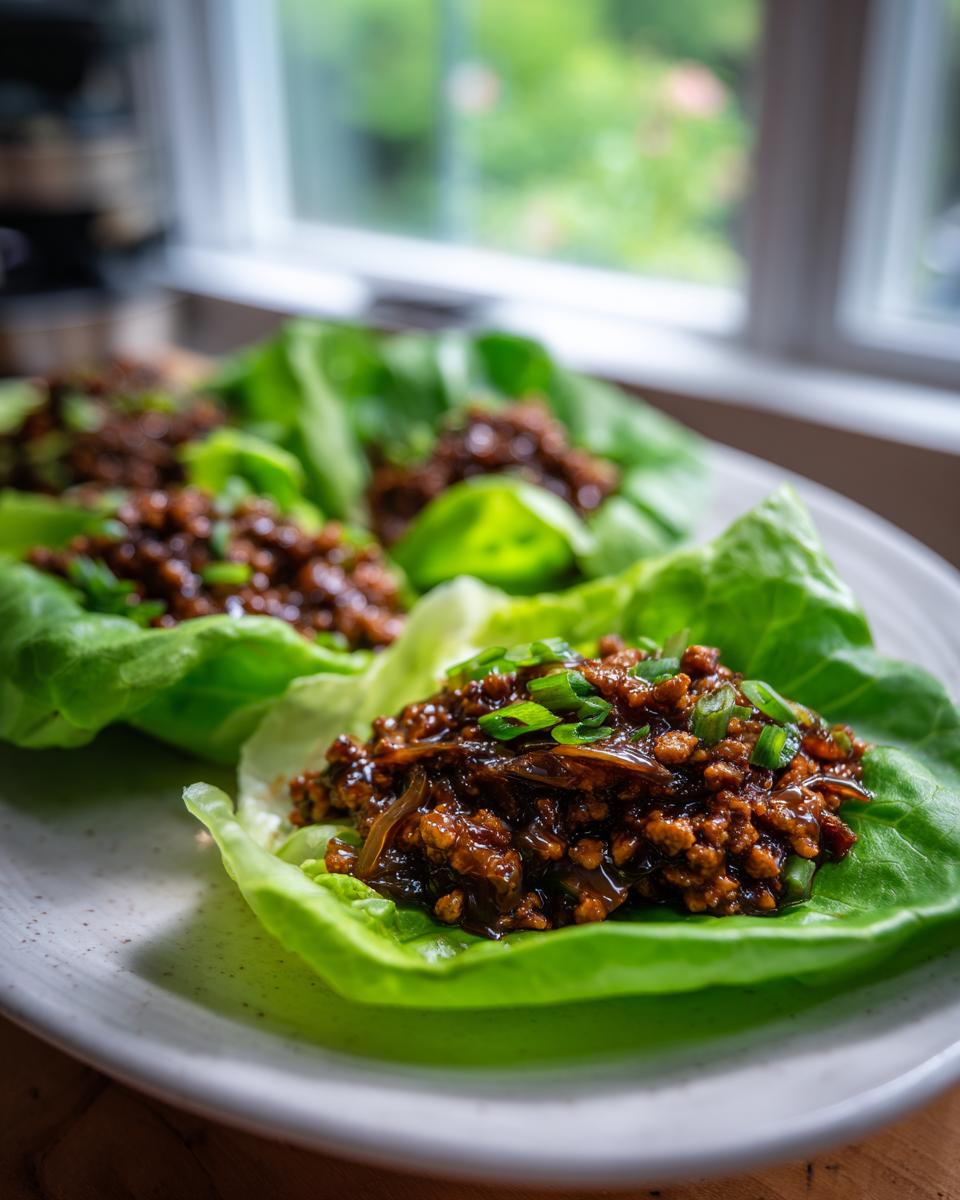Close-up of three fresh chicken lettuce wraps filled with savory ground meat mixture and topped with green onions.