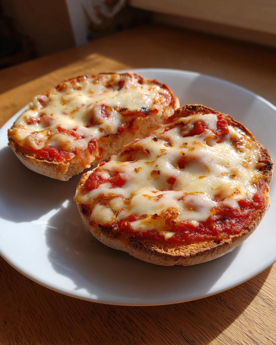 Two halves of a toasted english muffin pizza topped with tomato sauce and bubbly, melted mozzarella cheese.