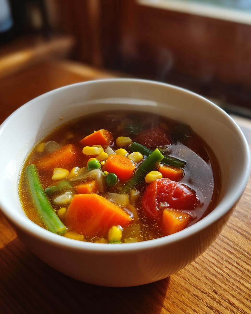 Close-up of a white bowl filled with hot vegetable soup featuring carrots, corn, peas, and green beans.