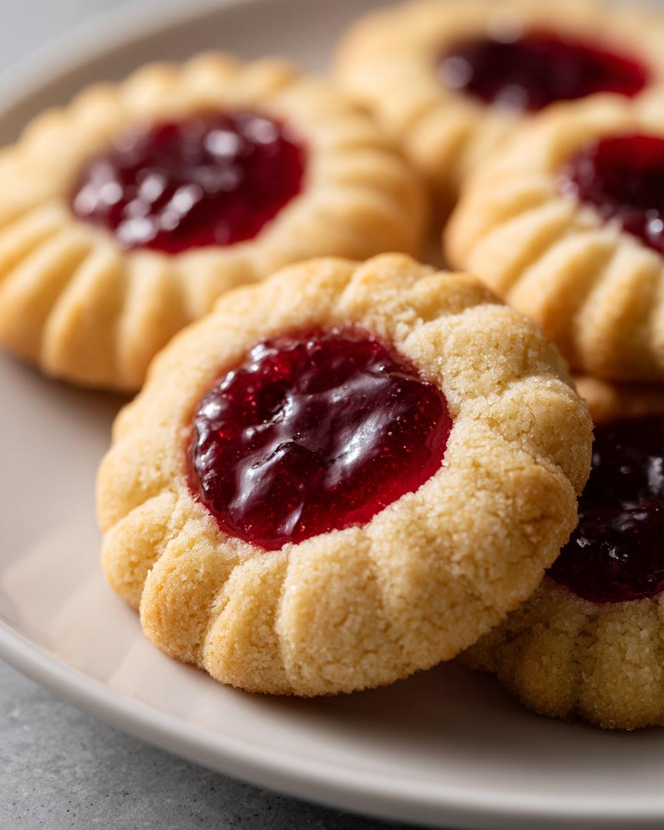 Macro shot of freshly baked raspberry thumbprint cookies with bright red jam centers on a light plate.