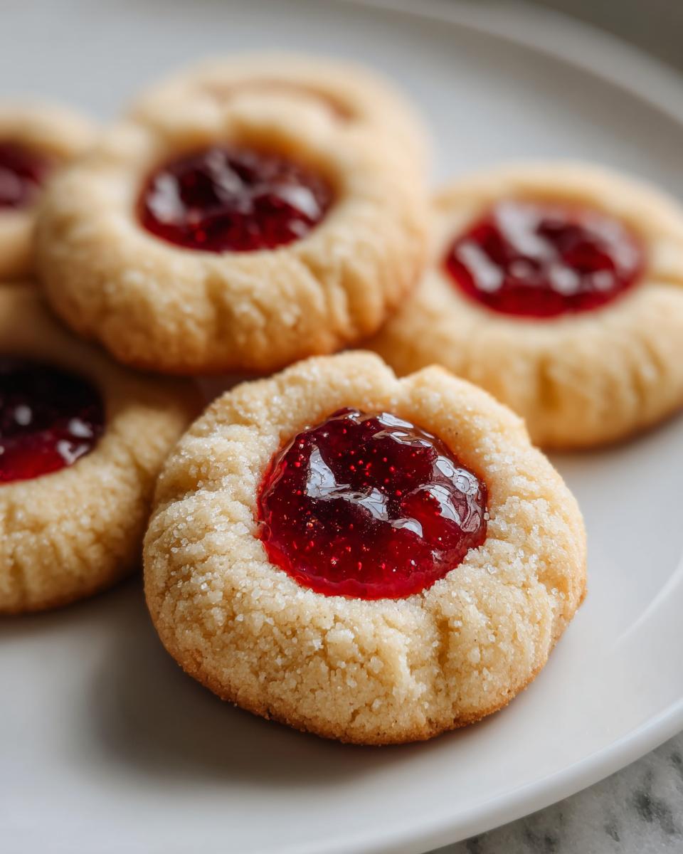 Close-up of several buttery raspberry thumbprint cookies dusted with sugar on a white plate.