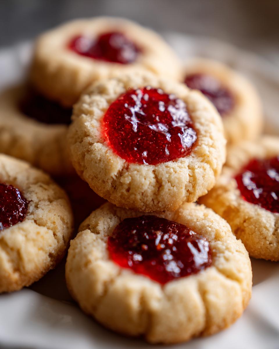 A pile of freshly baked raspberry thumbprint cookies featuring bright red jam centers.