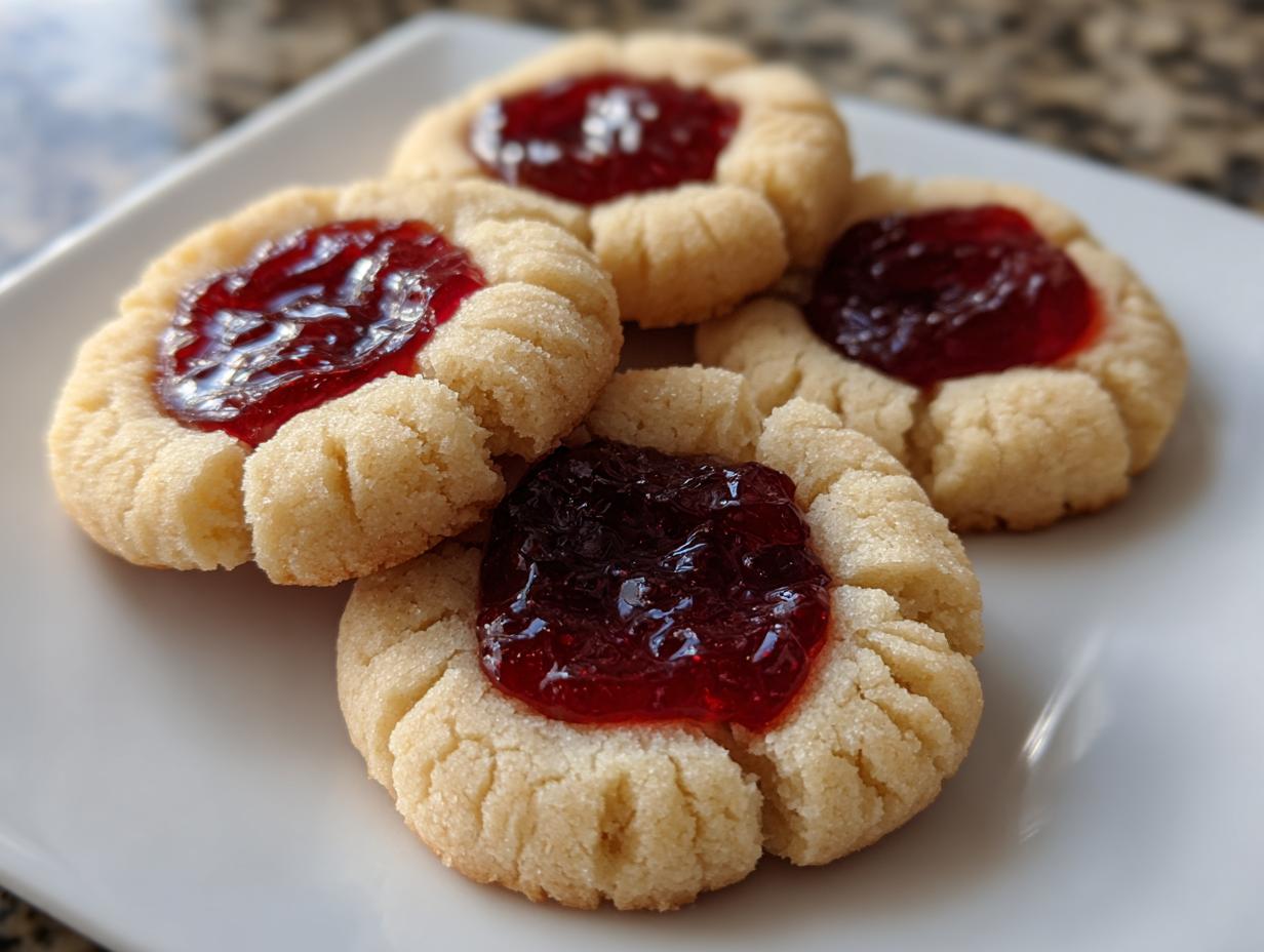 Close-up of four delicious raspberry thumbprint cookies filled with bright red jam, resting on a white plate.