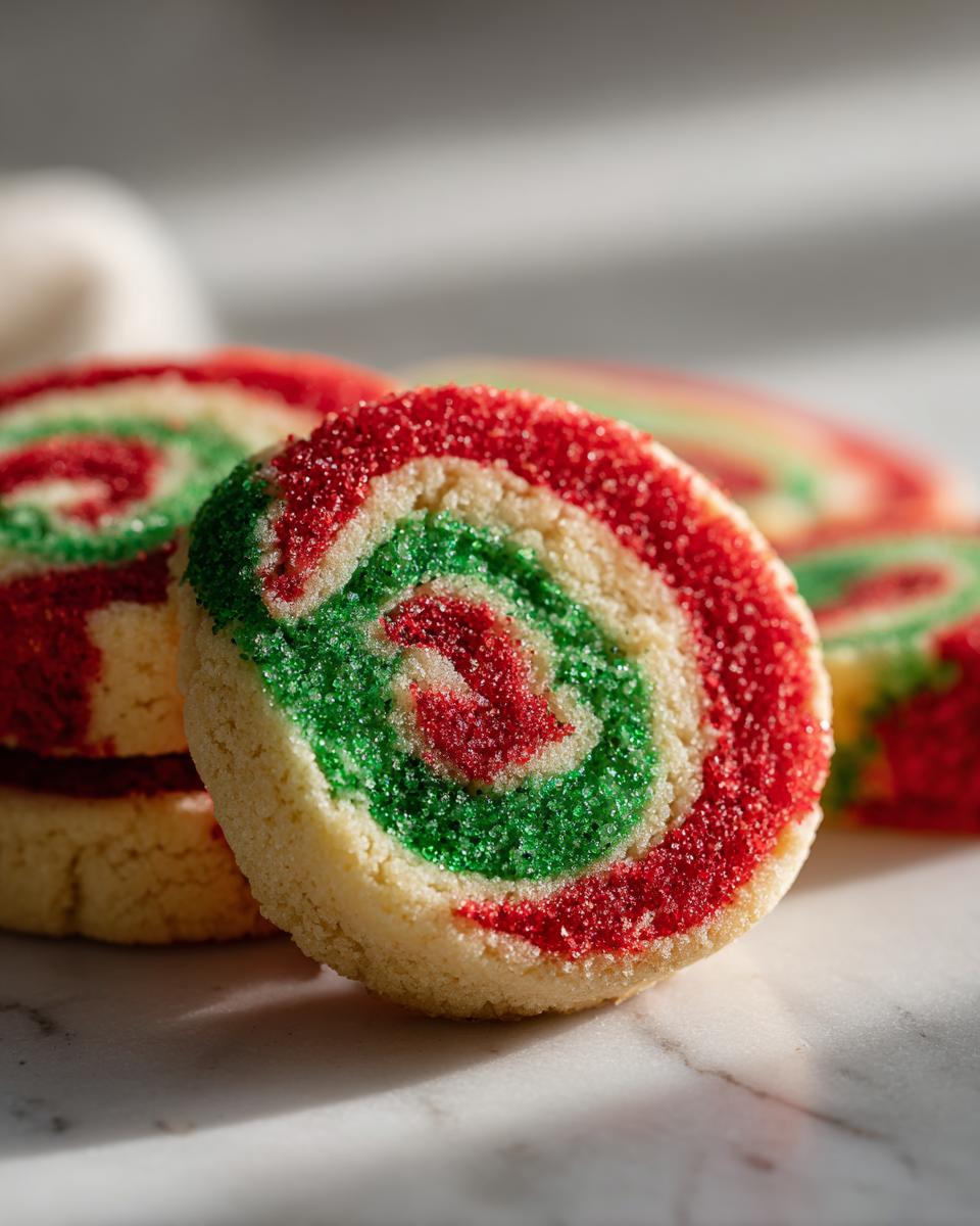 A close-up of a festive red, green, and white pinwheel cookie dusted with colored sugar.