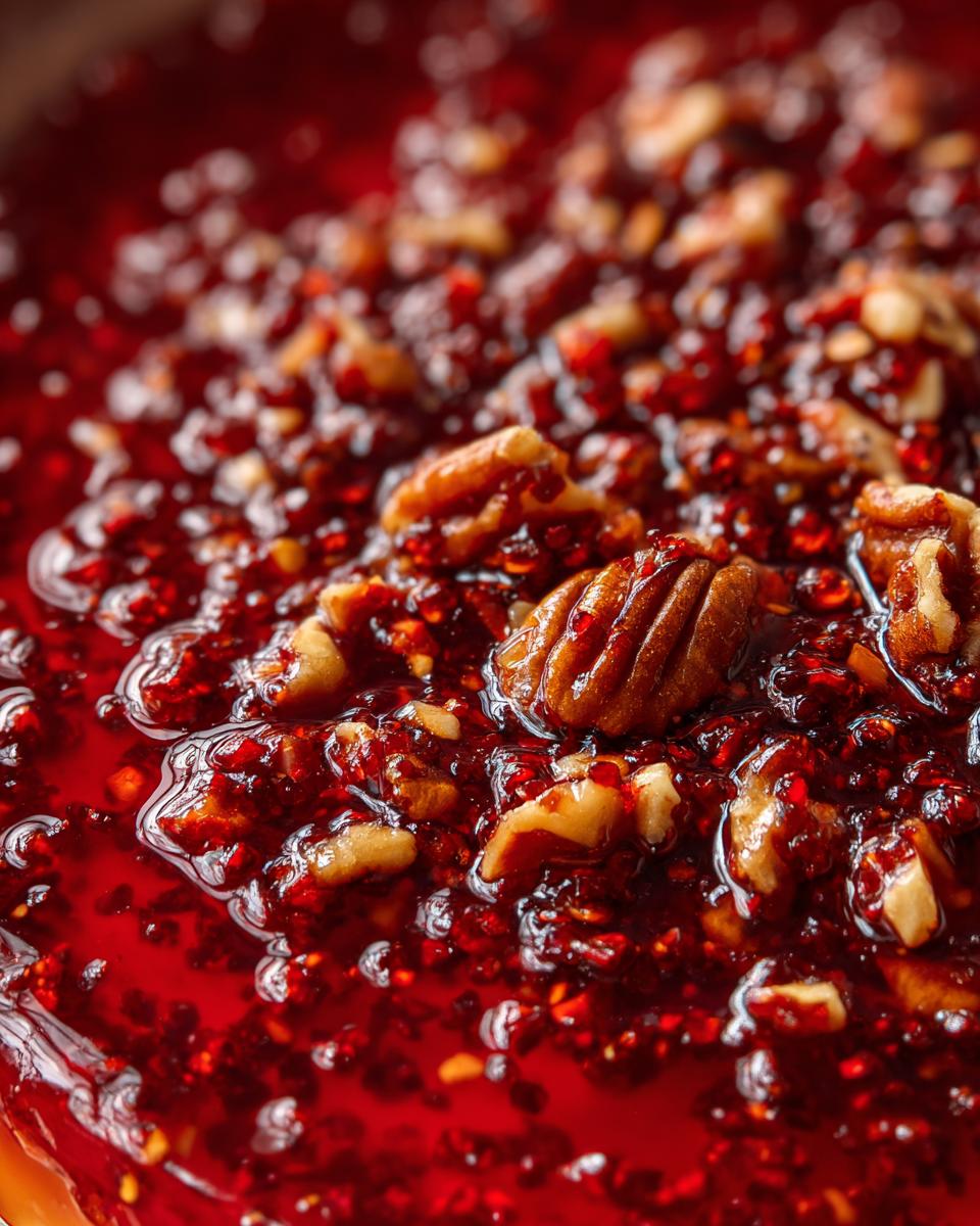 Close-up of bright red pepper jelly topping with whole pecan halves, ready for pepper jelly cheese dip.