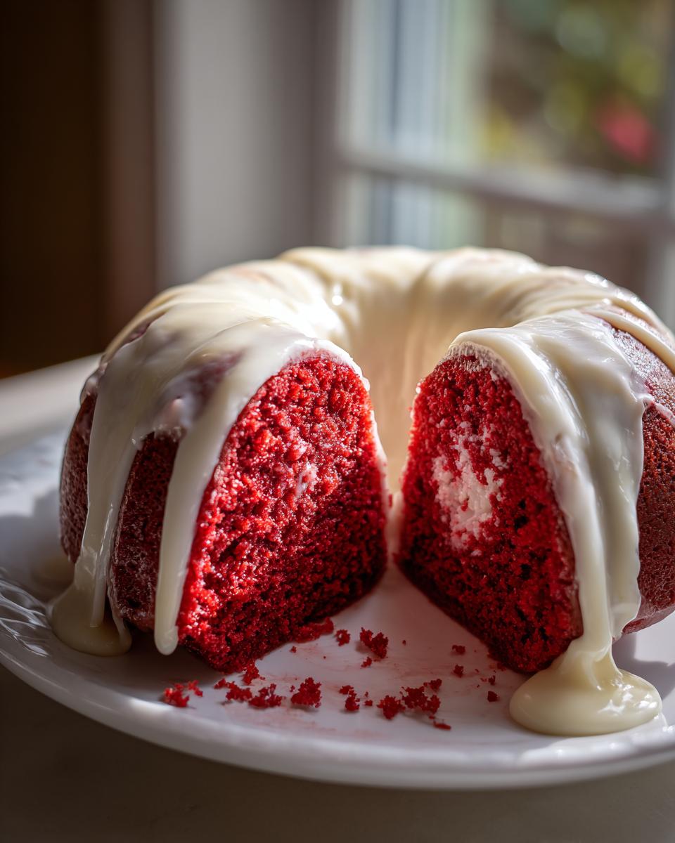 A vibrant red velvet bundt cake, cut in half, showing the moist interior and dripping with white cream cheese glaze.