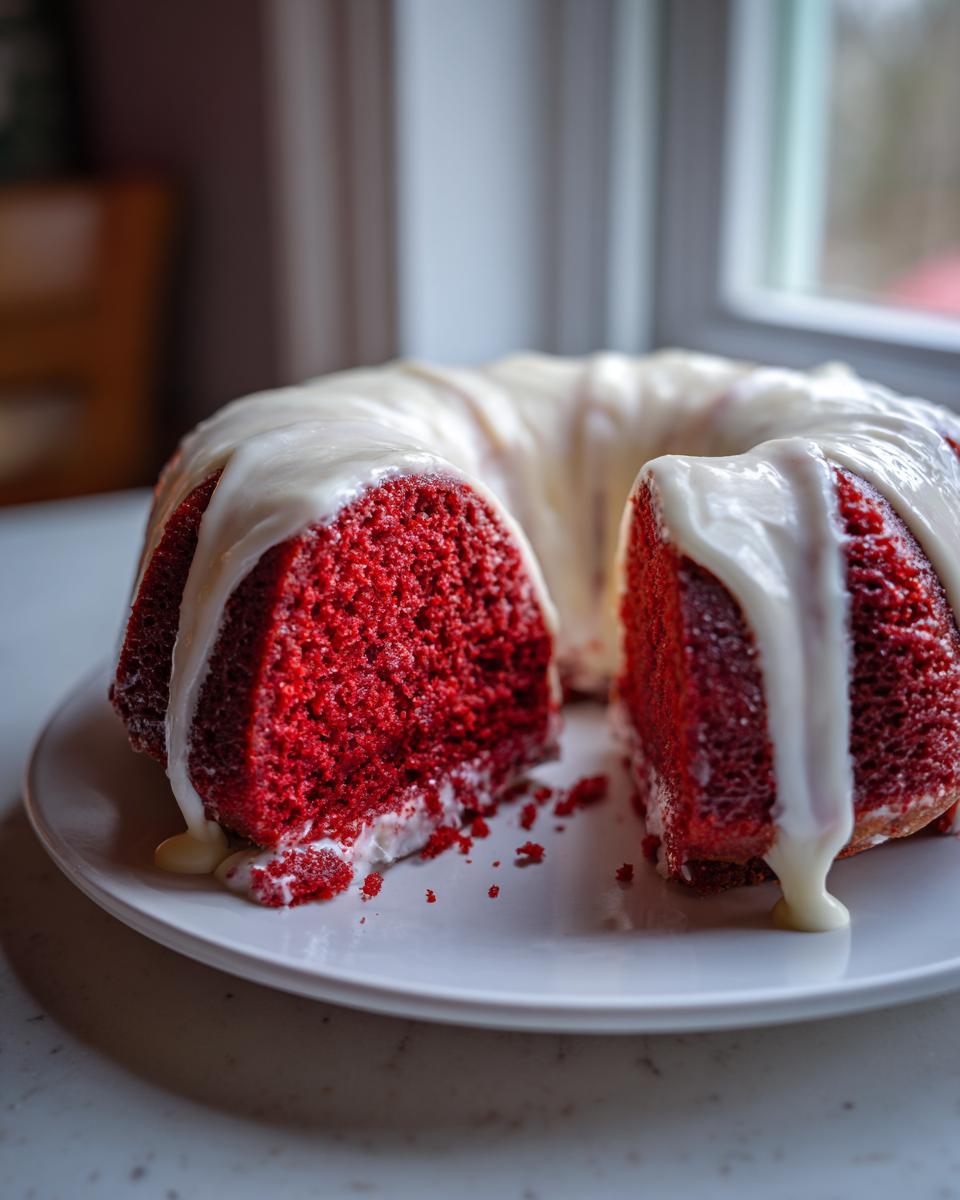 Close-up of a vibrant red velvet bundt cake, sliced open, covered in dripping white glaze.