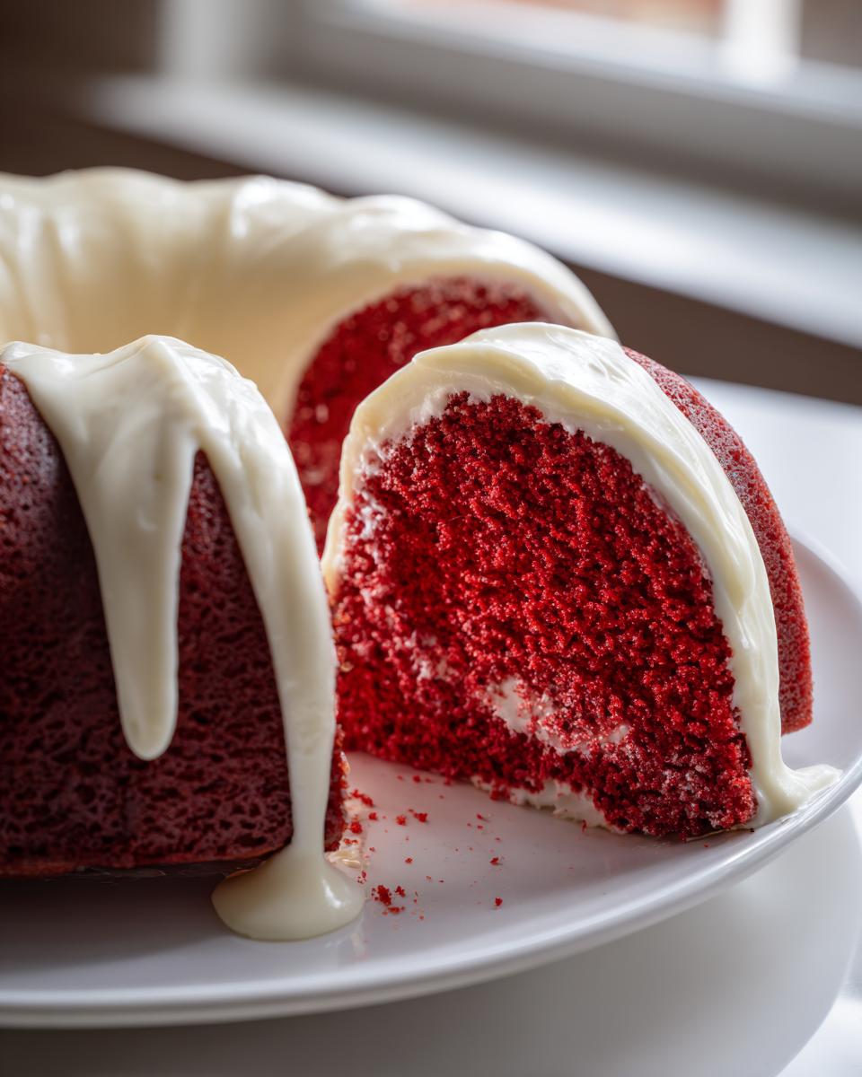 Close-up of a vibrant red velvet bundt cake with a thick, white cream cheese glaze dripping down the side and a slice cut out.