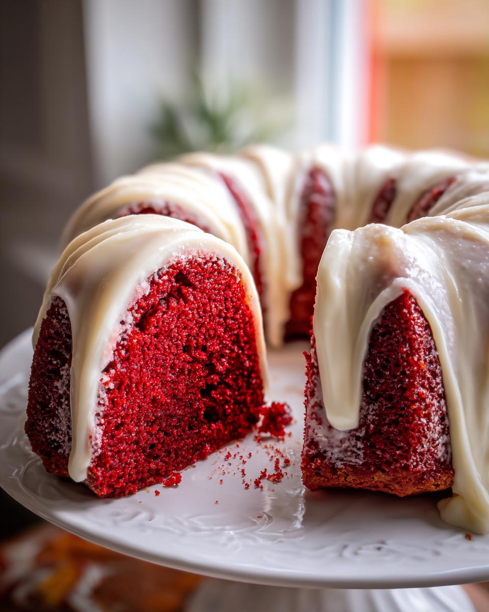 Close-up of a vibrant red velvet bundt cake with a thick, white glaze dripping down the sides, one slice cut out.