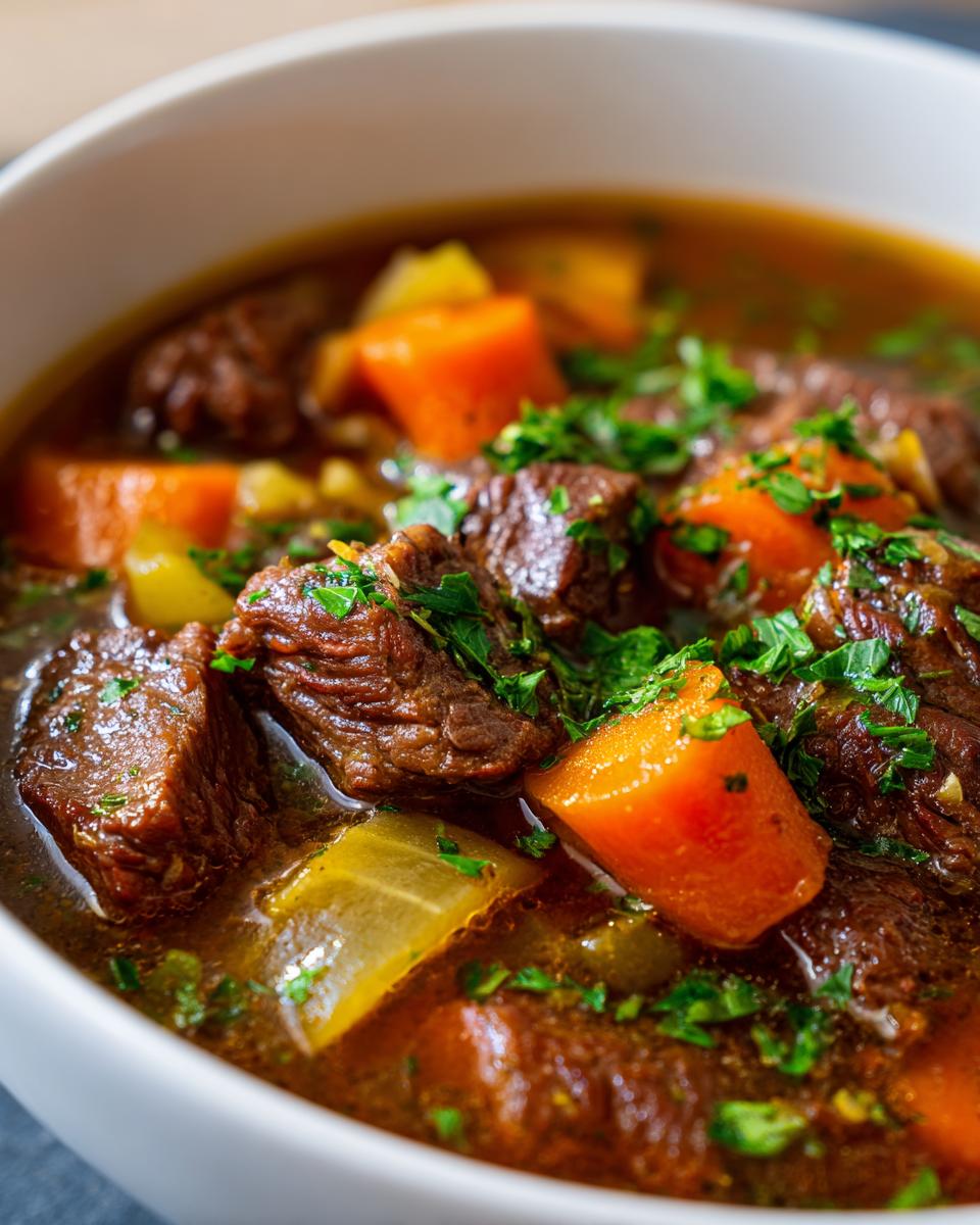 Close-up of tender beef chunks, carrots, and onions in a rich broth, garnished with parsley for amazing beef noodle soup.