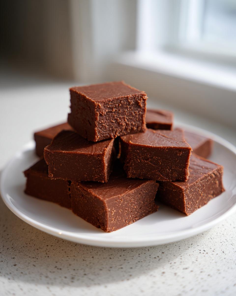 A stack of rich, dark chocolate fudge squares piled on a white plate, showcasing the texture of the homemade fudge.
