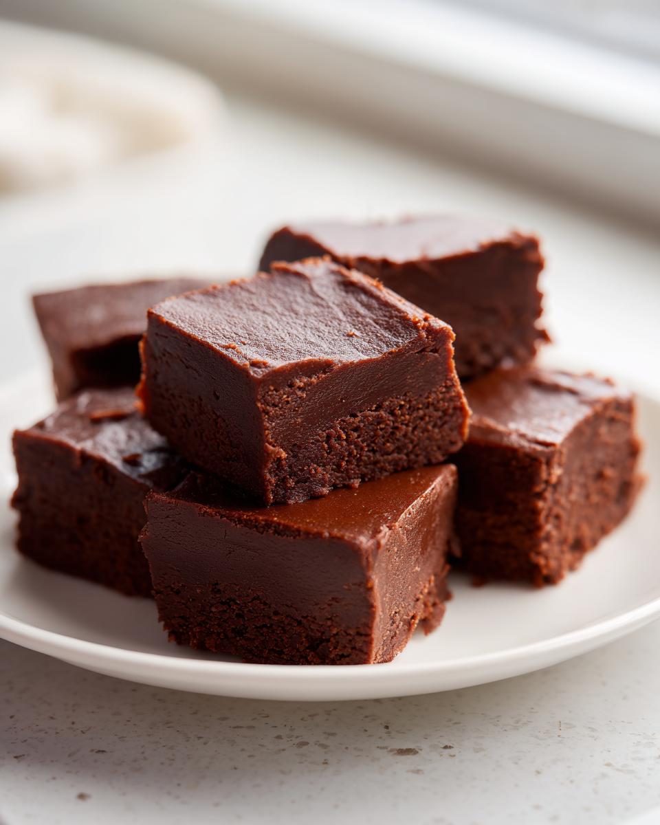 A stack of rich, dark chocolate fudge squares piled on a small white plate, showcasing the smooth top layer.