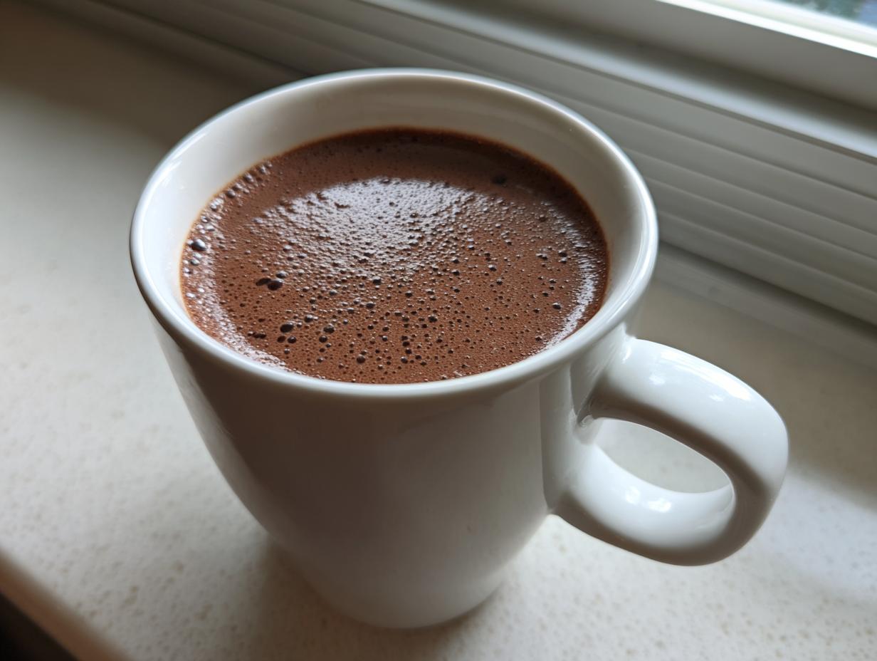 Close-up of a steaming mug of rich, dark hot chocolate with a foamy top, sitting by a window.