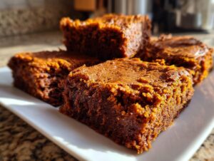 Four rich, dark brown squares of moist gingerbread brownies stacked slightly on a white plate.