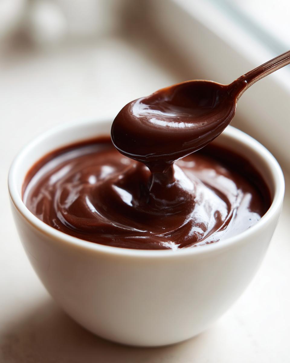 A spoonful of thick, glossy homemade chocolate pudding being lifted out of a white bowl.