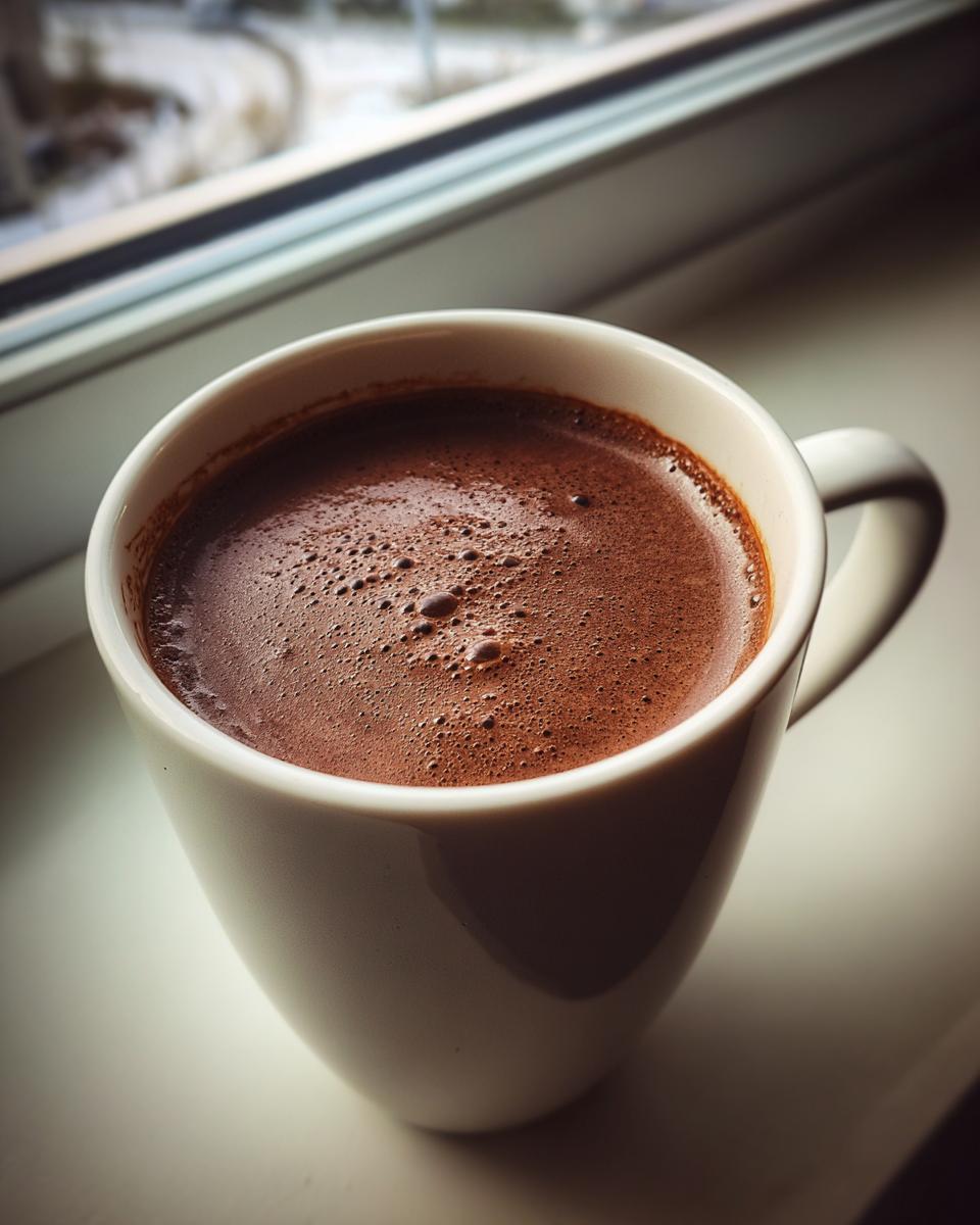 A close-up of a white mug filled with dark, frothy hot chocolate resting on a windowsill.