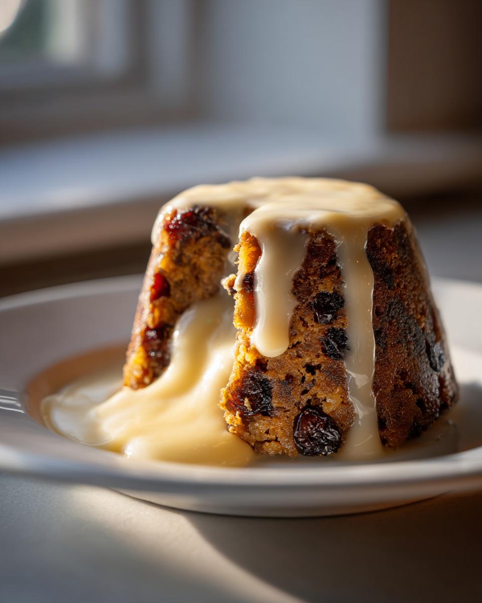 A moist slice of traditional plum pudding covered in thick, creamy custard sauce, served on a white plate.