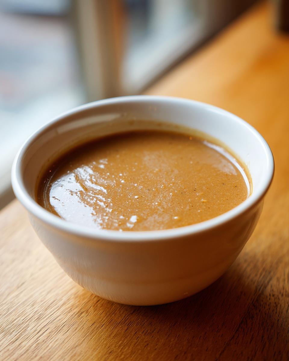 Close-up of rich, smooth turkey gravy served in a small white bowl on a wooden surface.